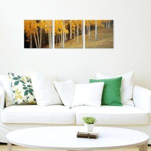 Set Of 3 Orange Black Forest Trees Scene Gallery Wrapped Art Print Tree Prints